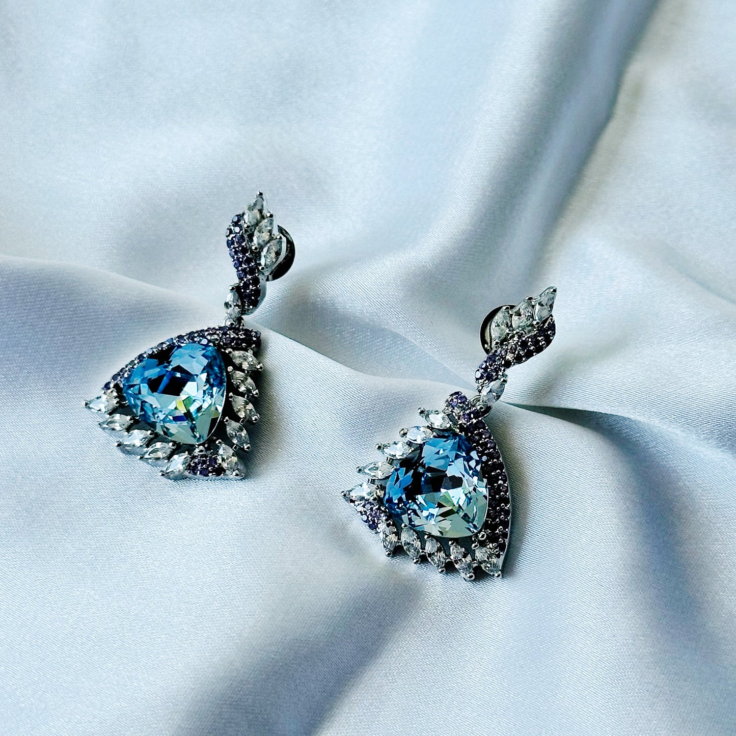 Indian Light Blue Sapphire Swarovski Crystal & Light Amethyst Cubic Zircon Dual Tone American Diamond Silver Plated Earrings