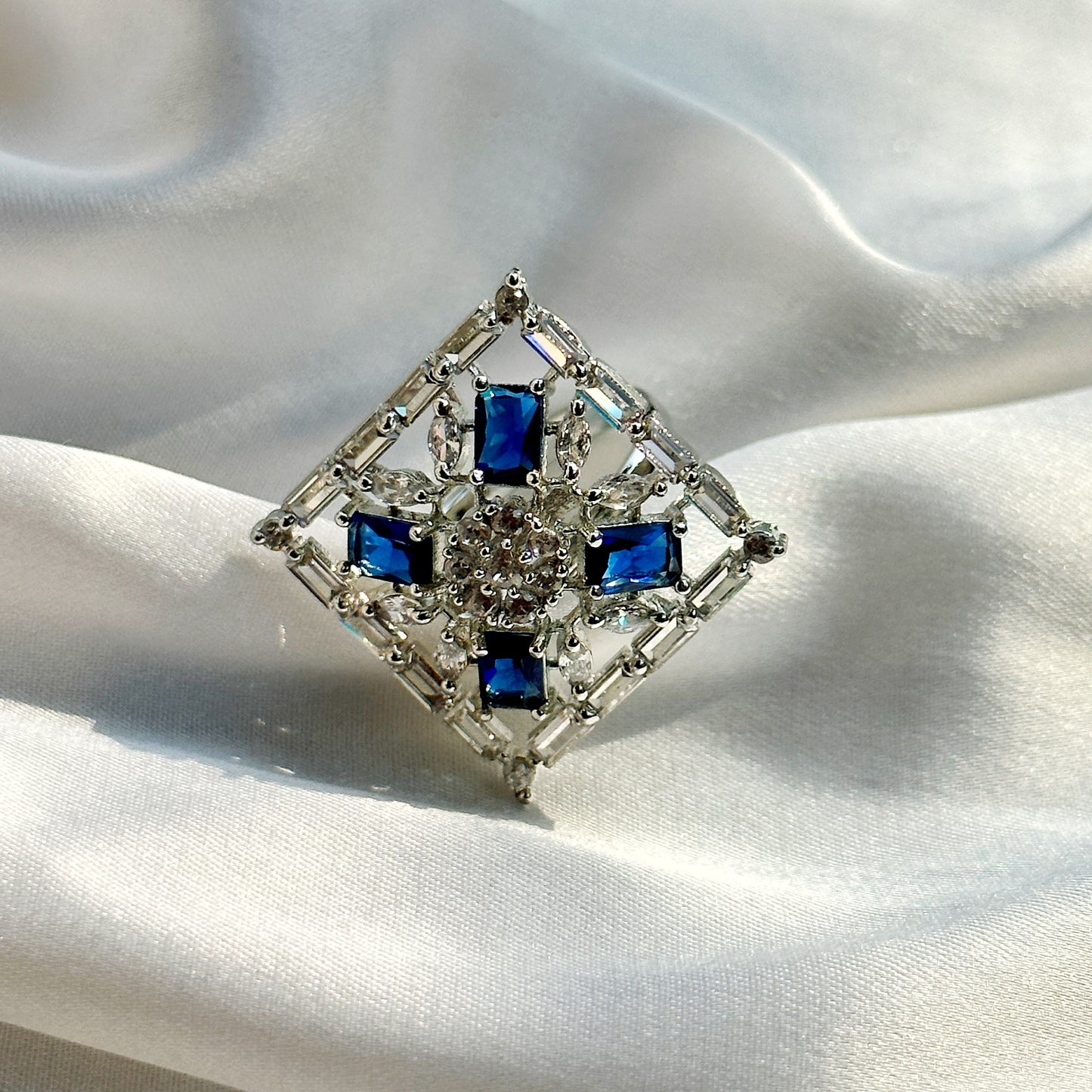 Blue Sapphire Cubic Zircon Stone American Diamond Silver Plated Adjustable Ring
