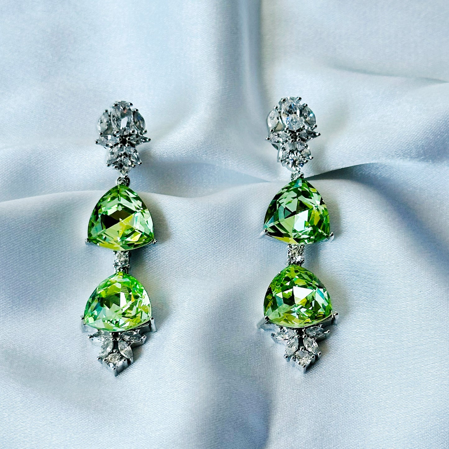 Green Peridot Swarovski Crystal American Diamond Silver Plated Earrings