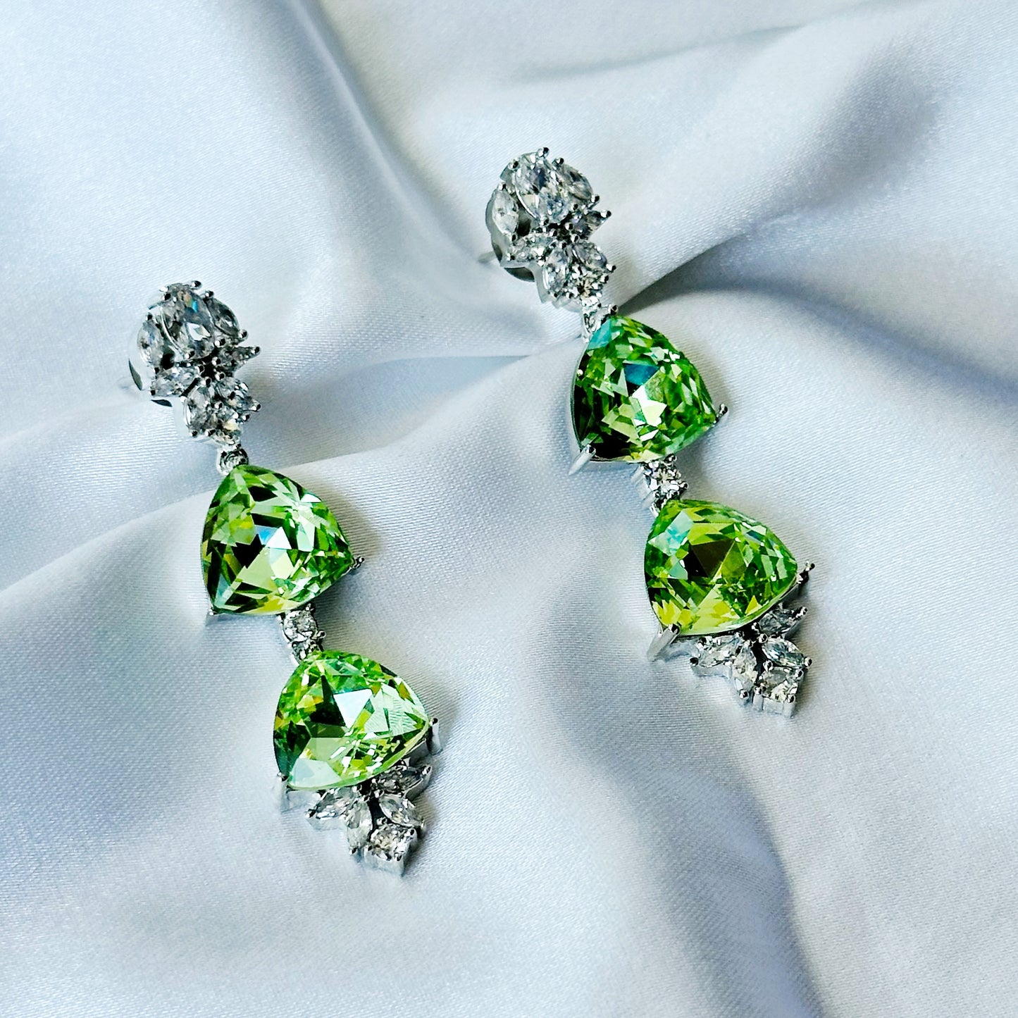 Green Peridot Swarovski Crystal American Diamond Silver Plated Earrings