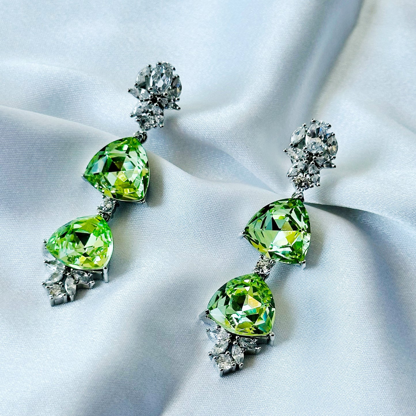 Green Peridot Swarovski Crystal American Diamond Silver Plated Earrings