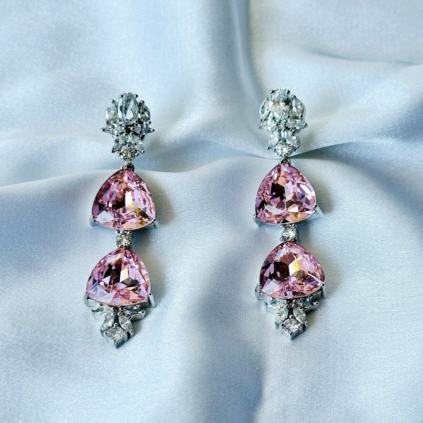 Light Pink Rose Swarovski Crystal American Diamond Silver Plated Earrings