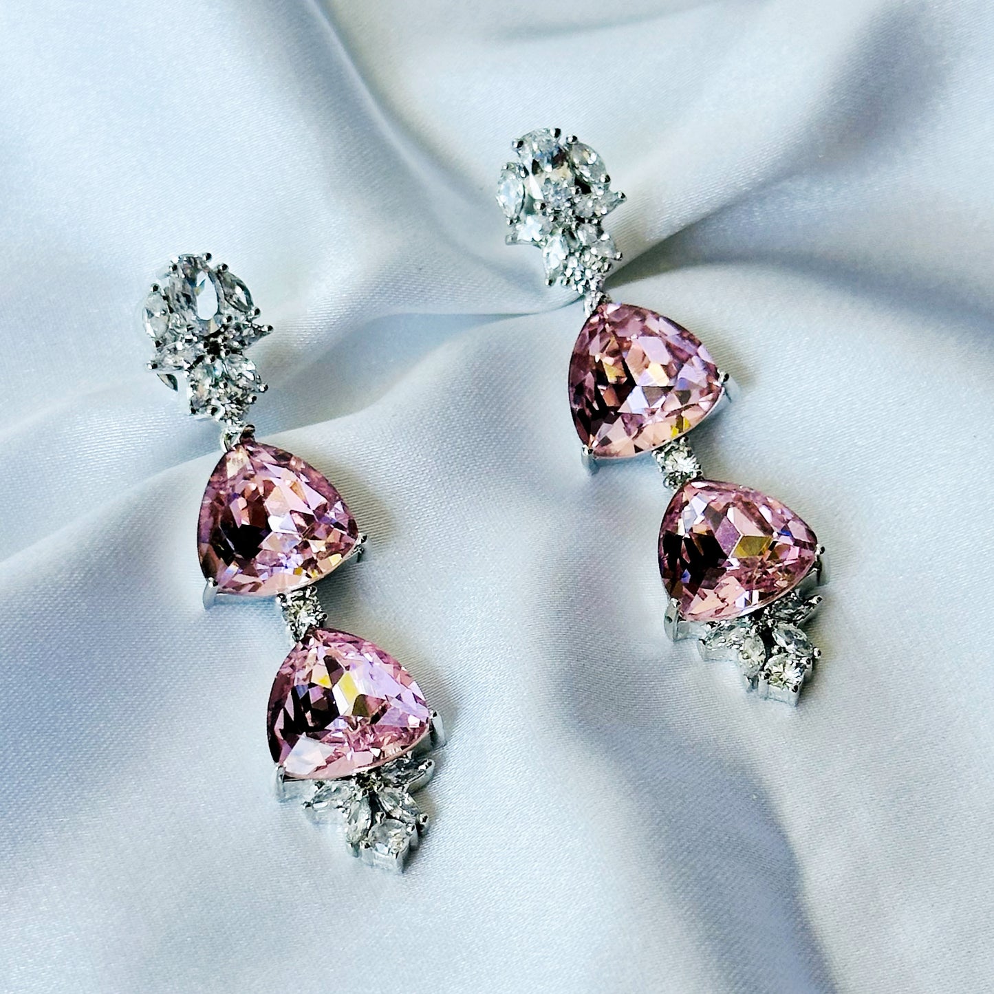 Light Pink Rose Swarovski Crystal American Diamond Silver Plated Earrings