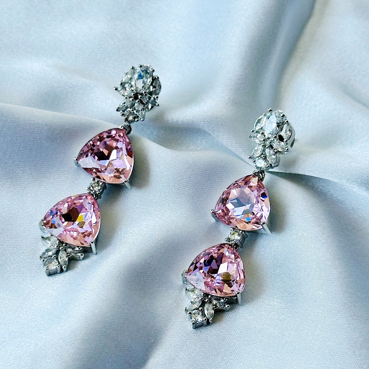 Light Pink Rose Swarovski Crystal American Diamond Silver Plated Earrings