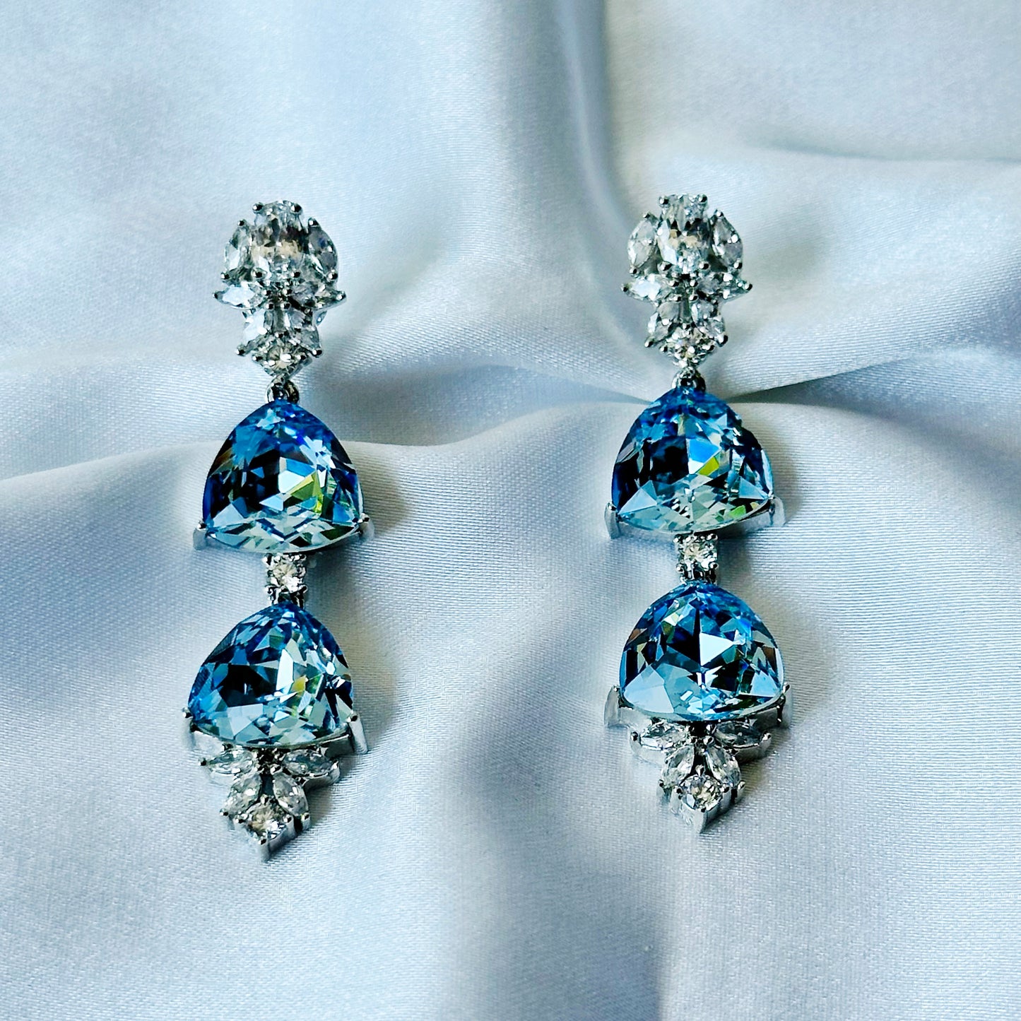 Indian Light Blue Sapphire Swarovski Crystal American Diamond Silver Plated Earrings