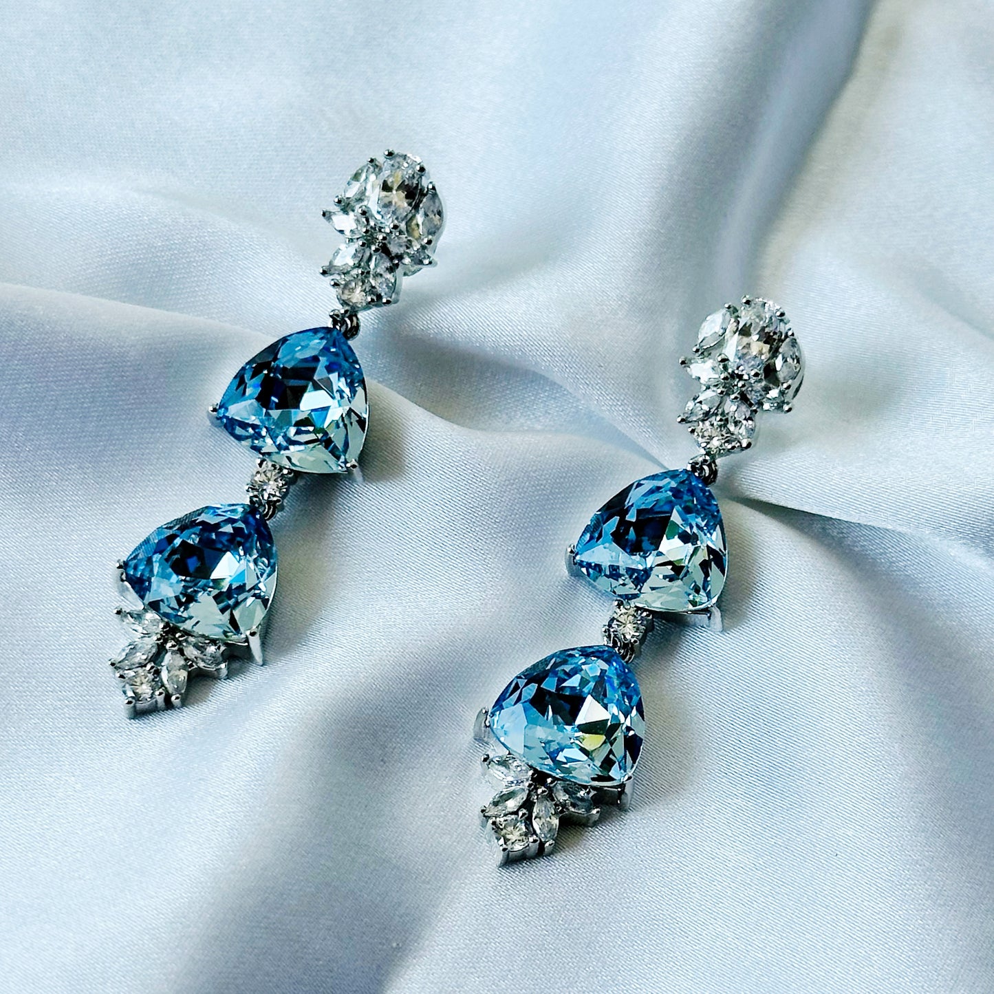 Indian Light Blue Sapphire Swarovski Crystal American Diamond Silver Plated Earrings