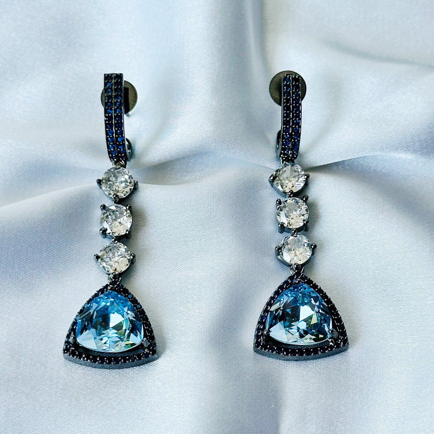 Indian Light Blue Sapphire Swarovski Crystal Blue Sapphire Cubic Zircon American Diamond Victorian Plated Earrings