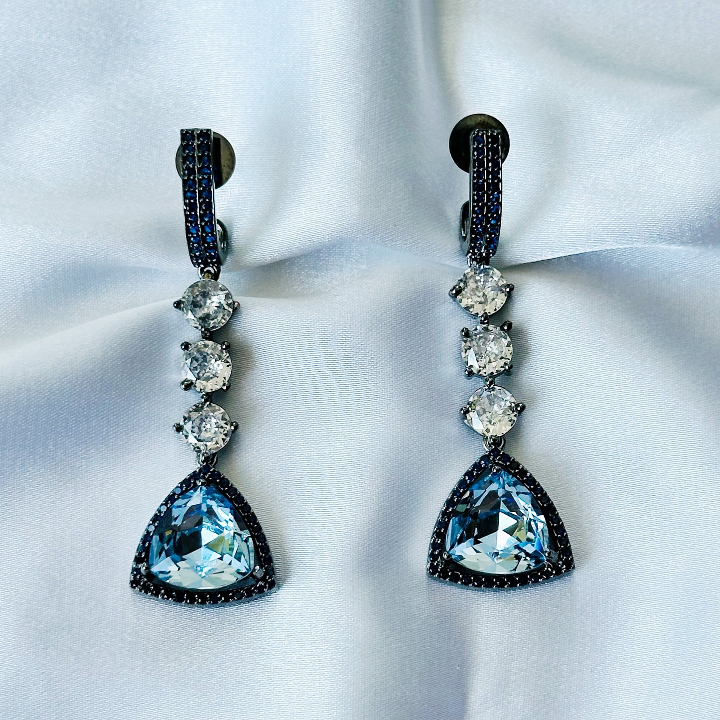 Indian Light Blue Sapphire Swarovski Crystal Blue Sapphire Cubic Zircon American Diamond Victorian Plated Earrings