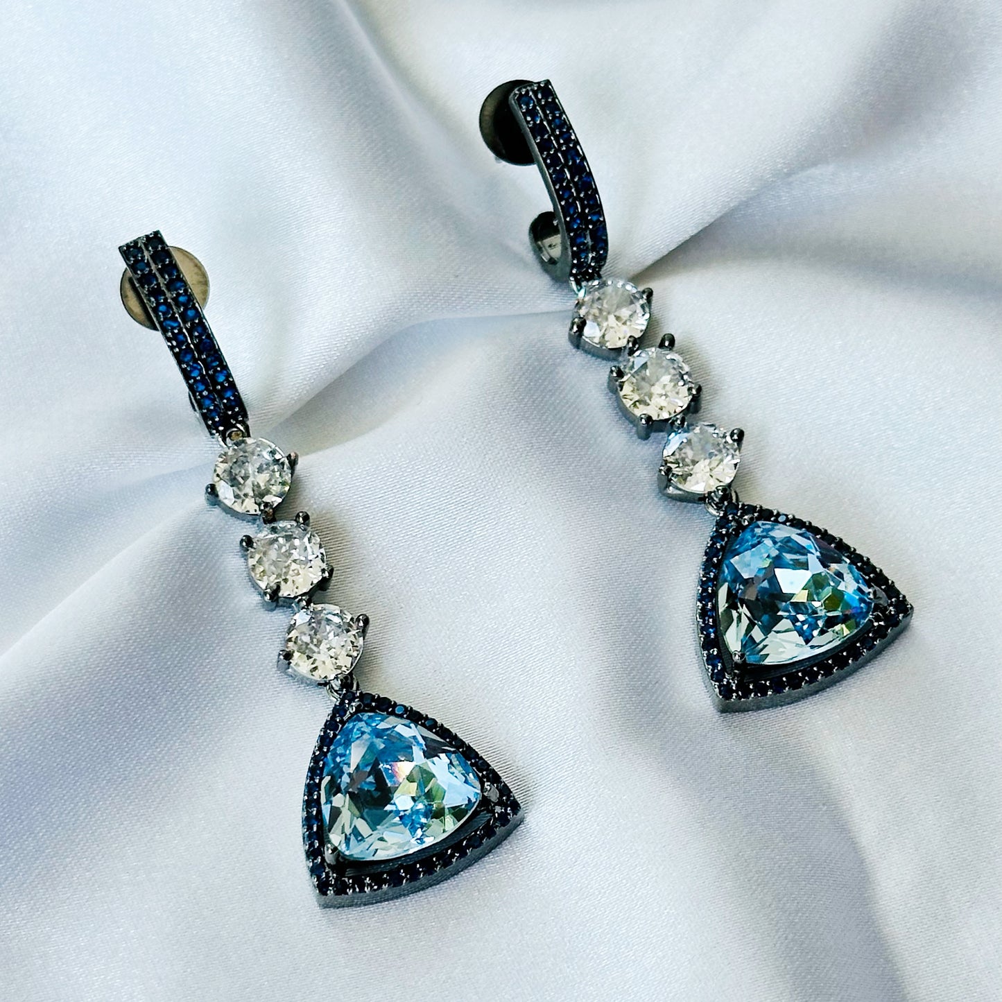 Indian Light Blue Sapphire Swarovski Crystal Blue Sapphire Cubic Zircon American Diamond Victorian Plated Earrings