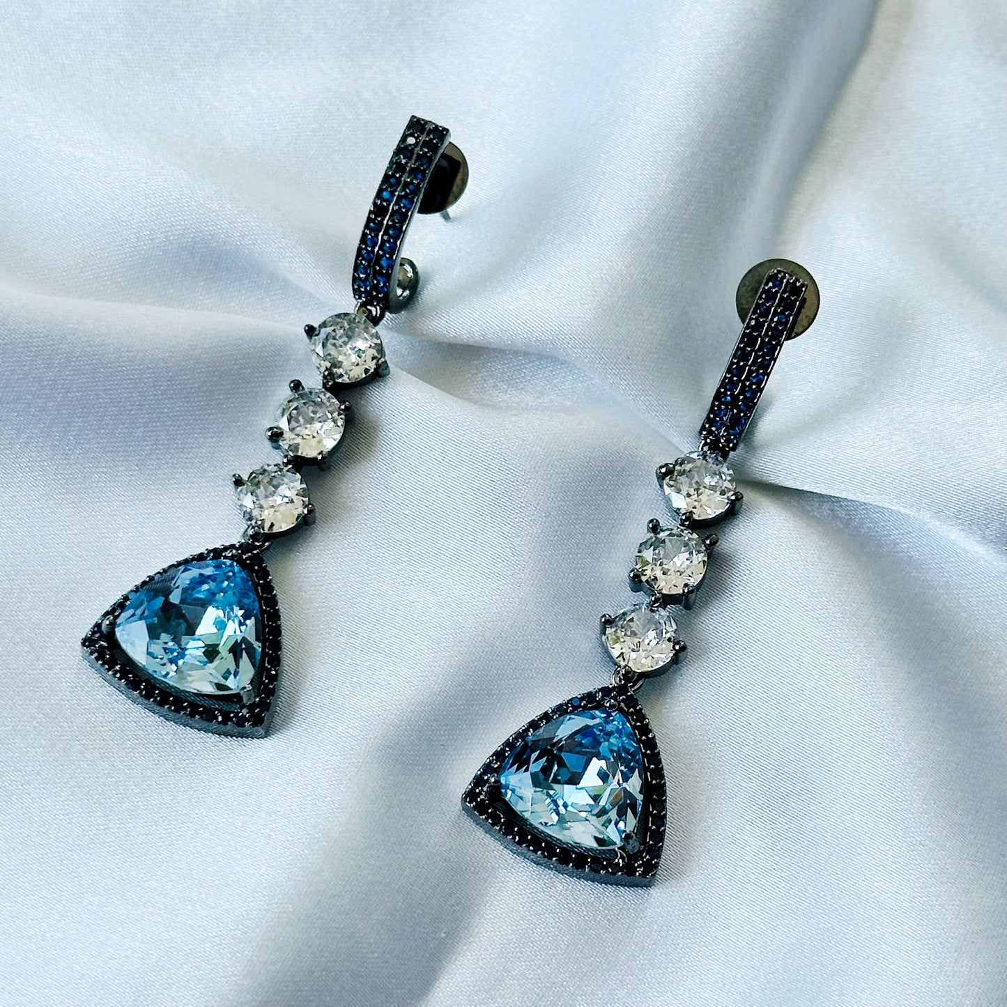 Indian Light Blue Sapphire Swarovski Crystal Blue Sapphire Cubic Zircon American Diamond Victorian Plated Earrings