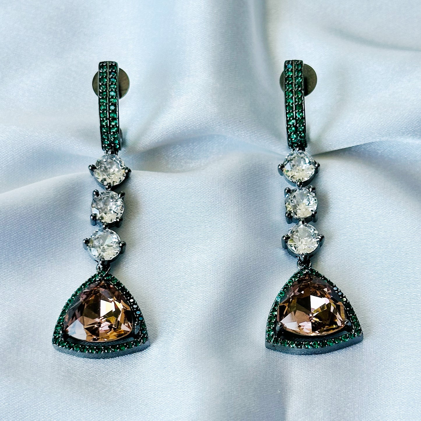 Smoked Topaz Swarovski Crystal Green Emerald Cubic Zircon American Diamond Victorian Plated Earrings