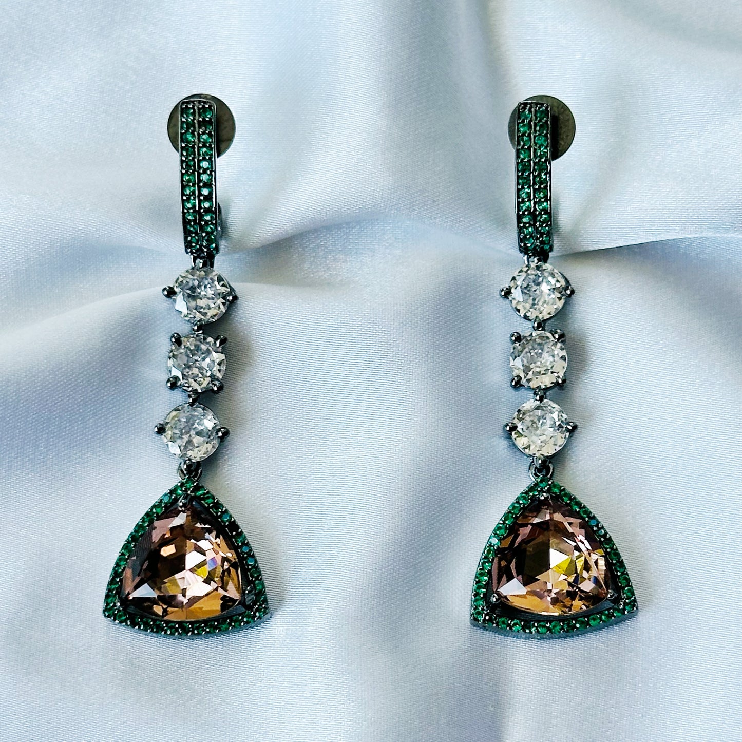 Smoked Topaz Swarovski Crystal Green Emerald Cubic Zircon American Diamond Victorian Plated Earrings