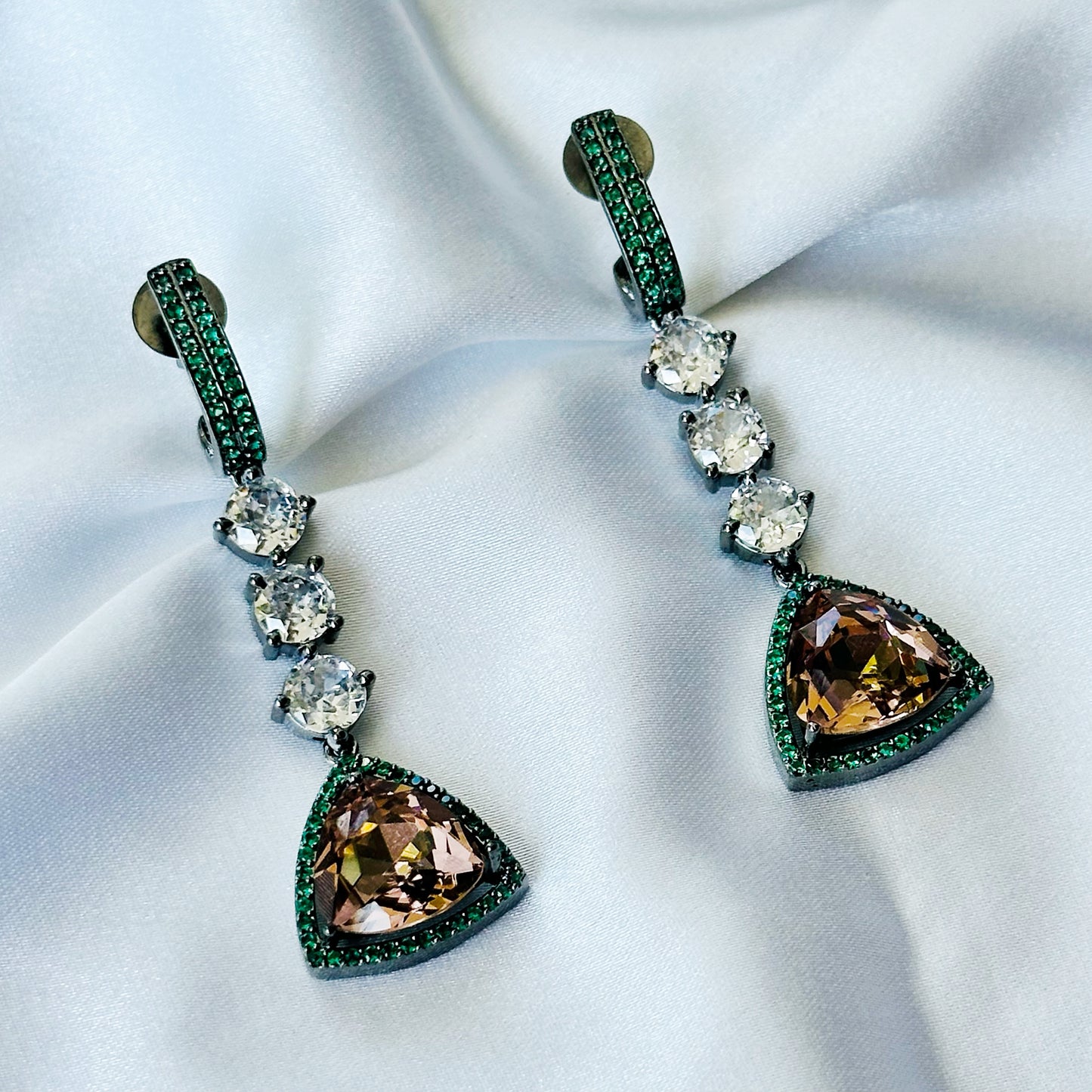 Smoked Topaz Swarovski Crystal Green Emerald Cubic Zircon American Diamond Victorian Plated Earrings