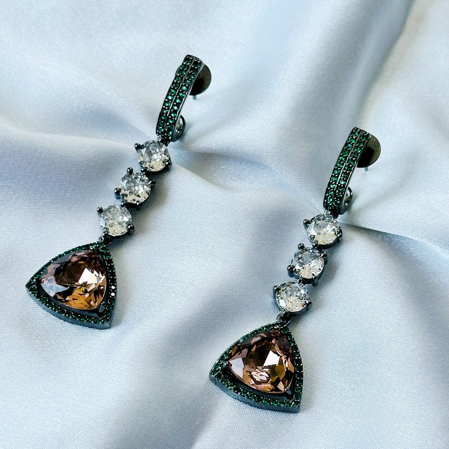 Smoked Yellow Topaz Swarovski Crystal & Emerald Green American Diamond Victorian Plated Earrings