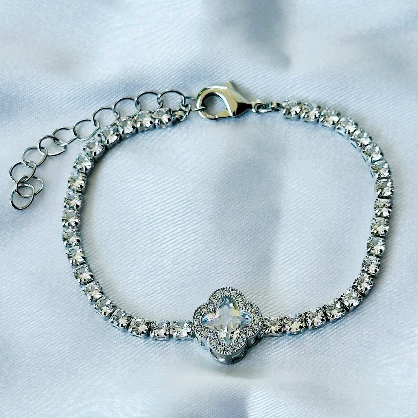Crystal Floral Design American Diamond Silver Plated Chain Bracelet