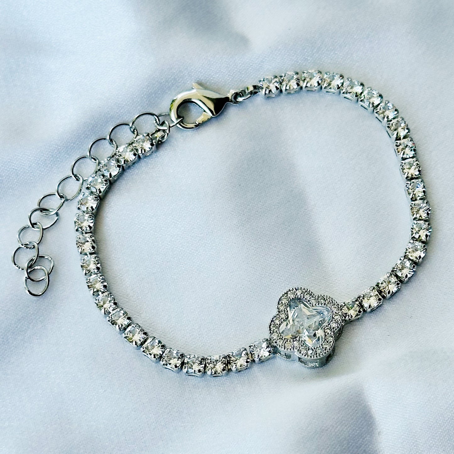 Crystal Floral Design American Diamond Silver Plated Chain Bracelet