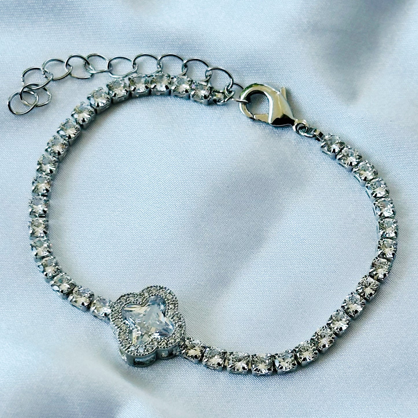 Crystal Floral Design American Diamond Silver Plated Chain Bracelet