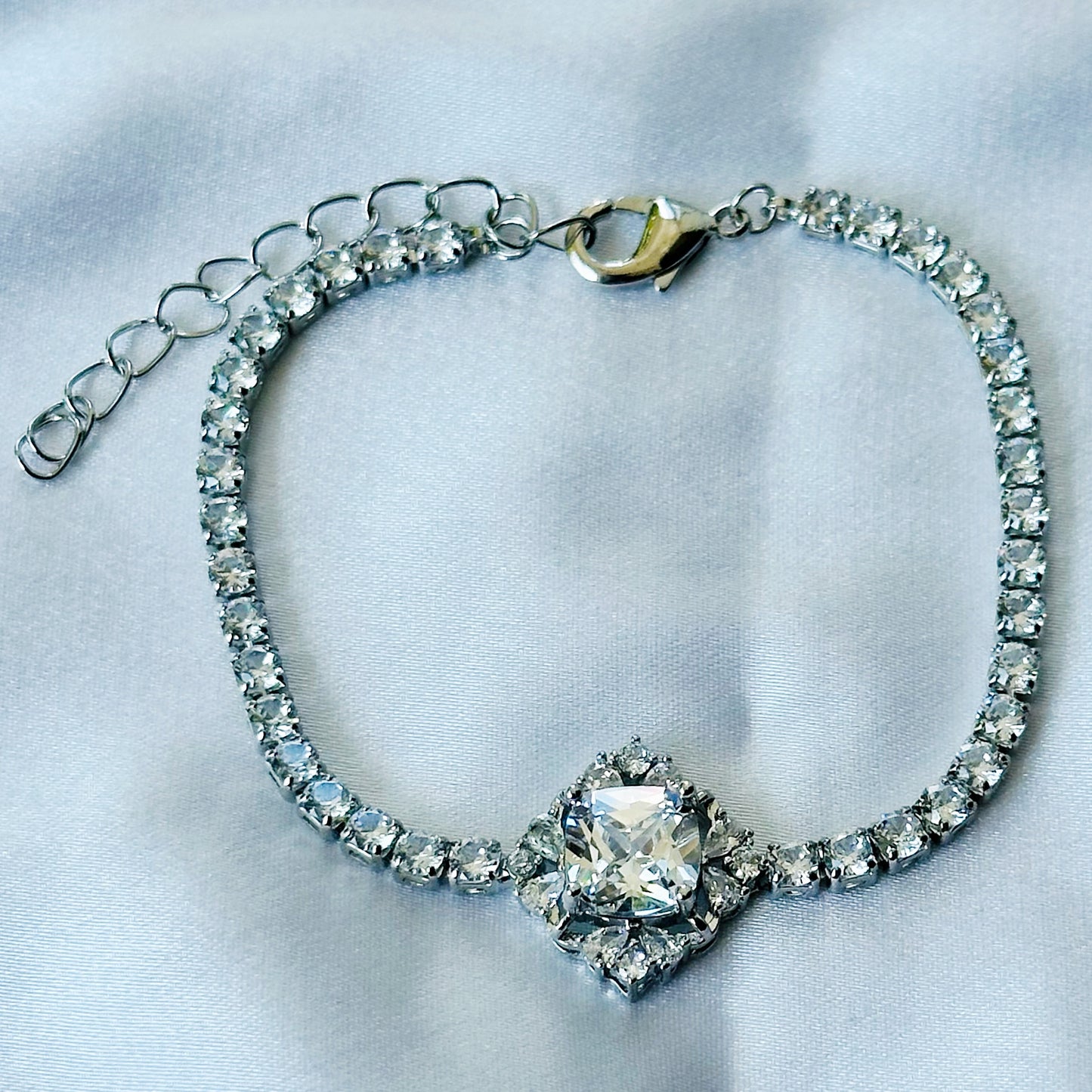 Crystal Floral Design American Diamond Silver Plated Chain Bracelet