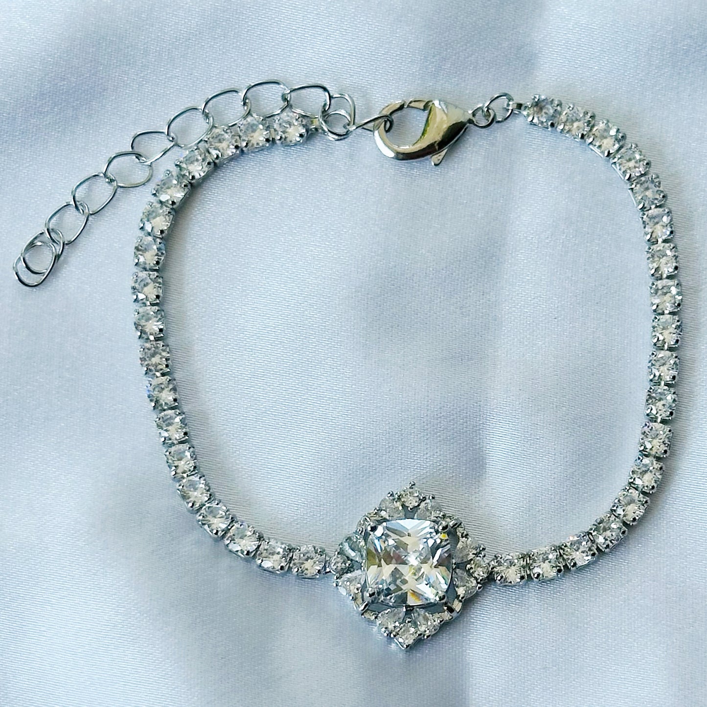 Crystal Floral Design American Diamond Silver Plated Chain Bracelet