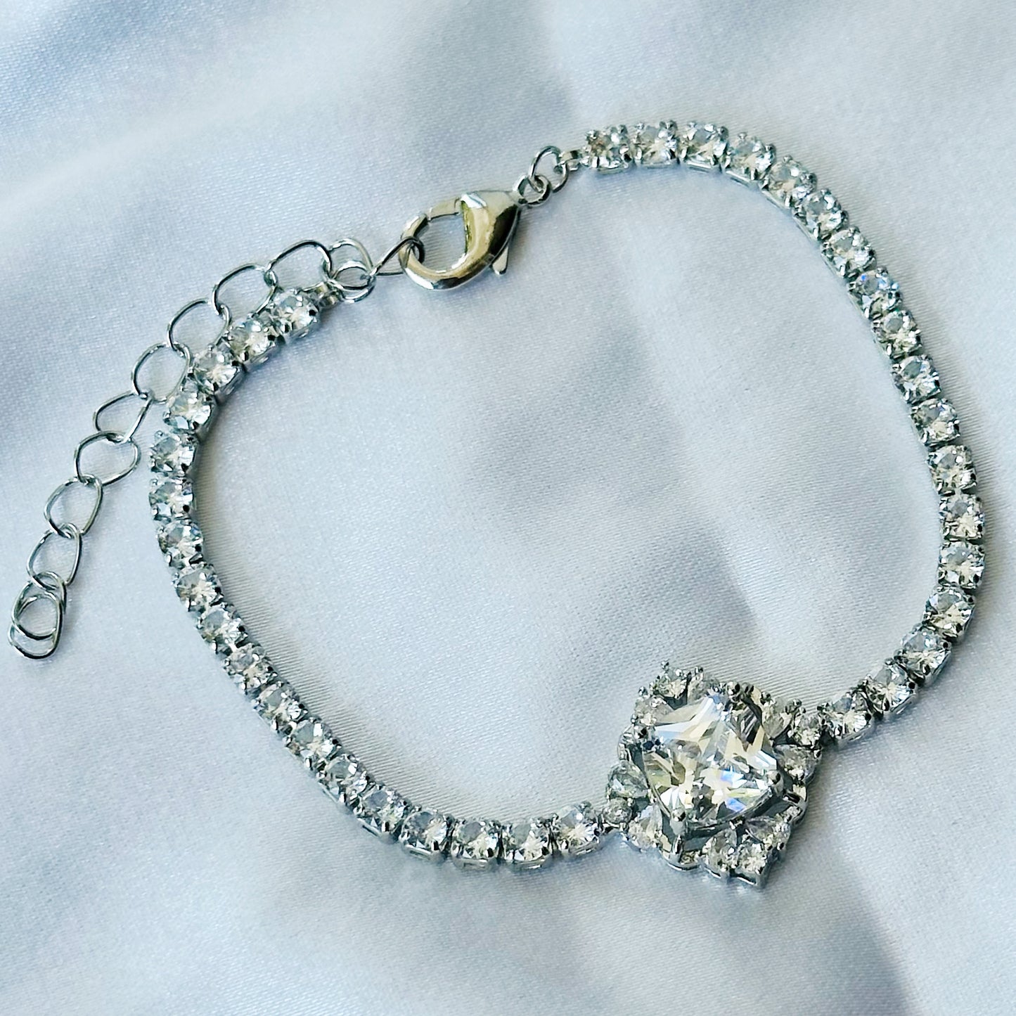 Crystal Floral Design American Diamond Silver Plated Chain Bracelet