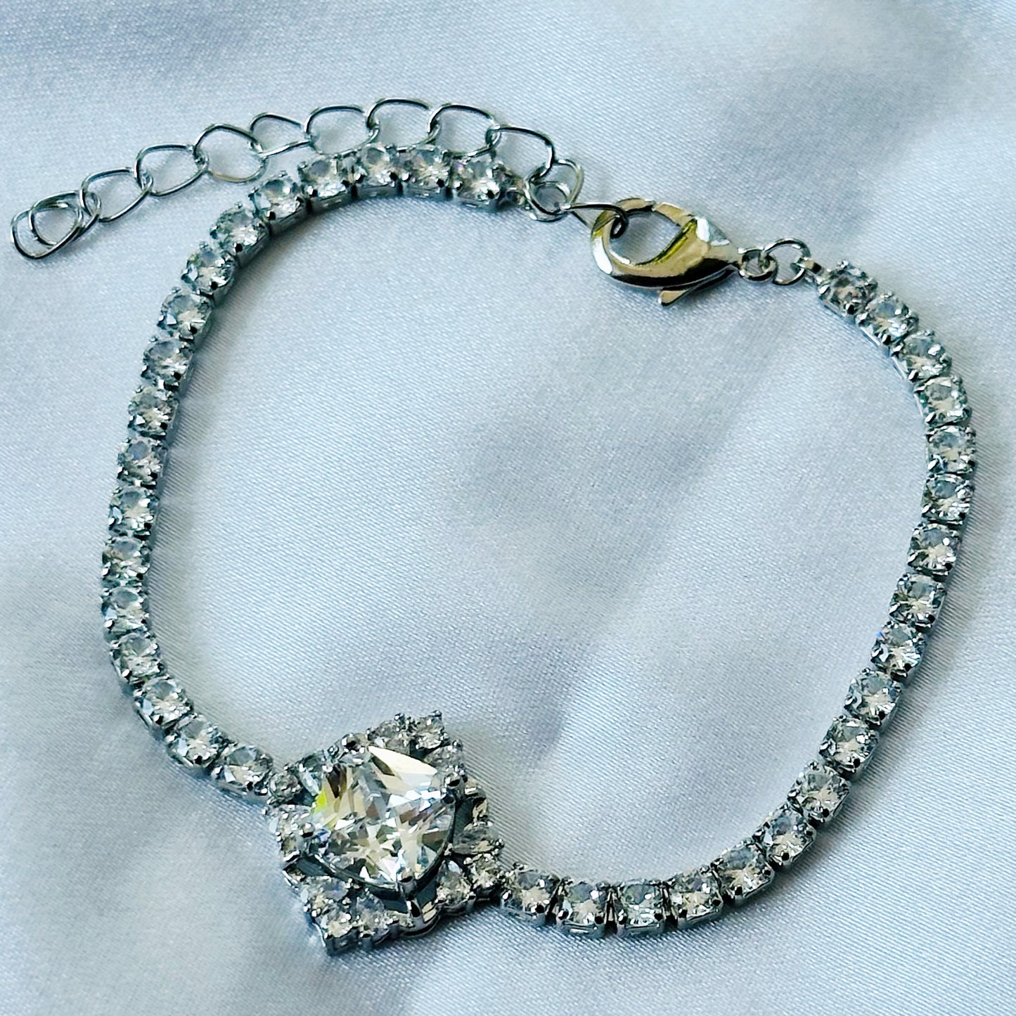 Crystal Floral Design American Diamond Silver Plated Chain Bracelet