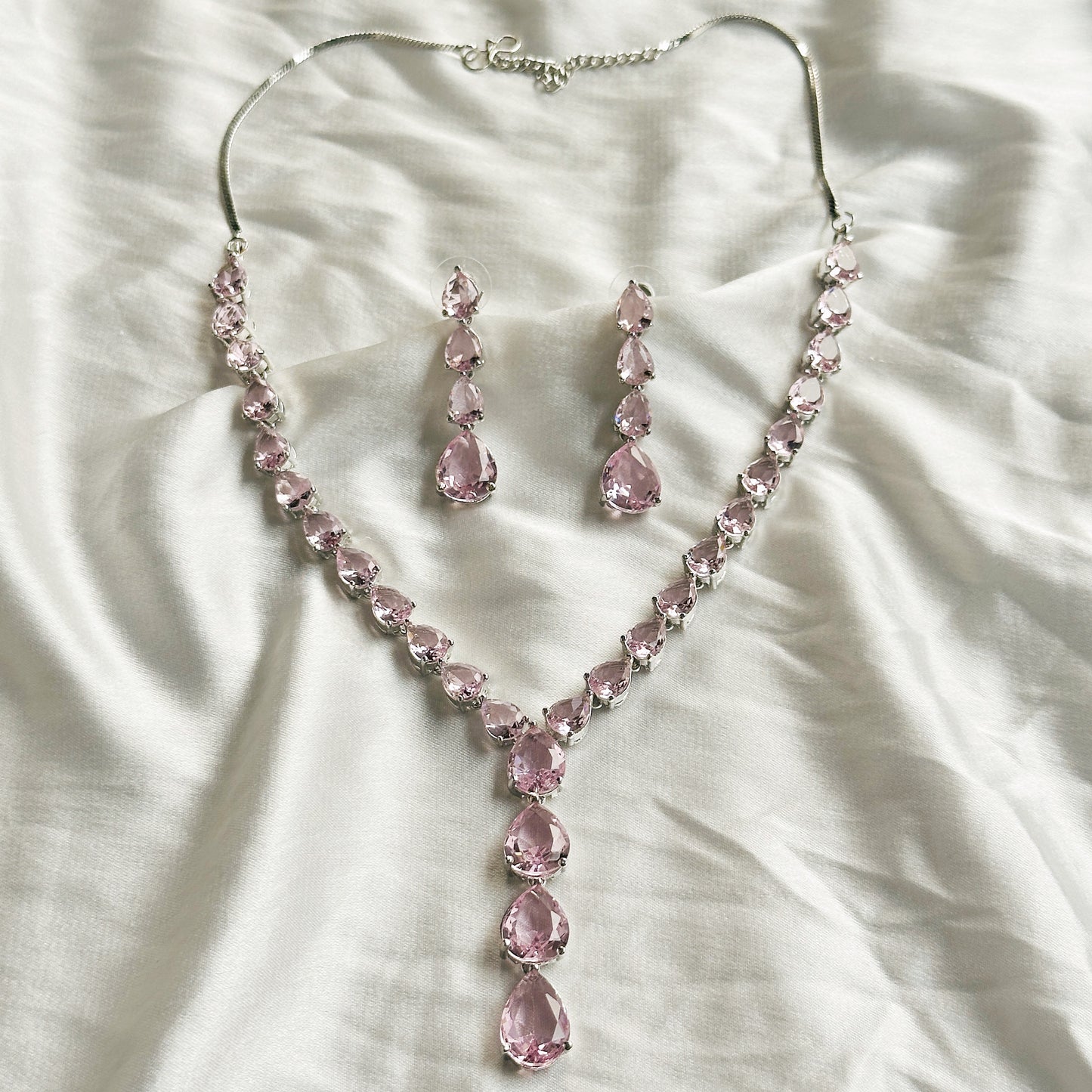 Pink Topaz Cubic Zirconia American Diamond Silver Plated Necklace Set