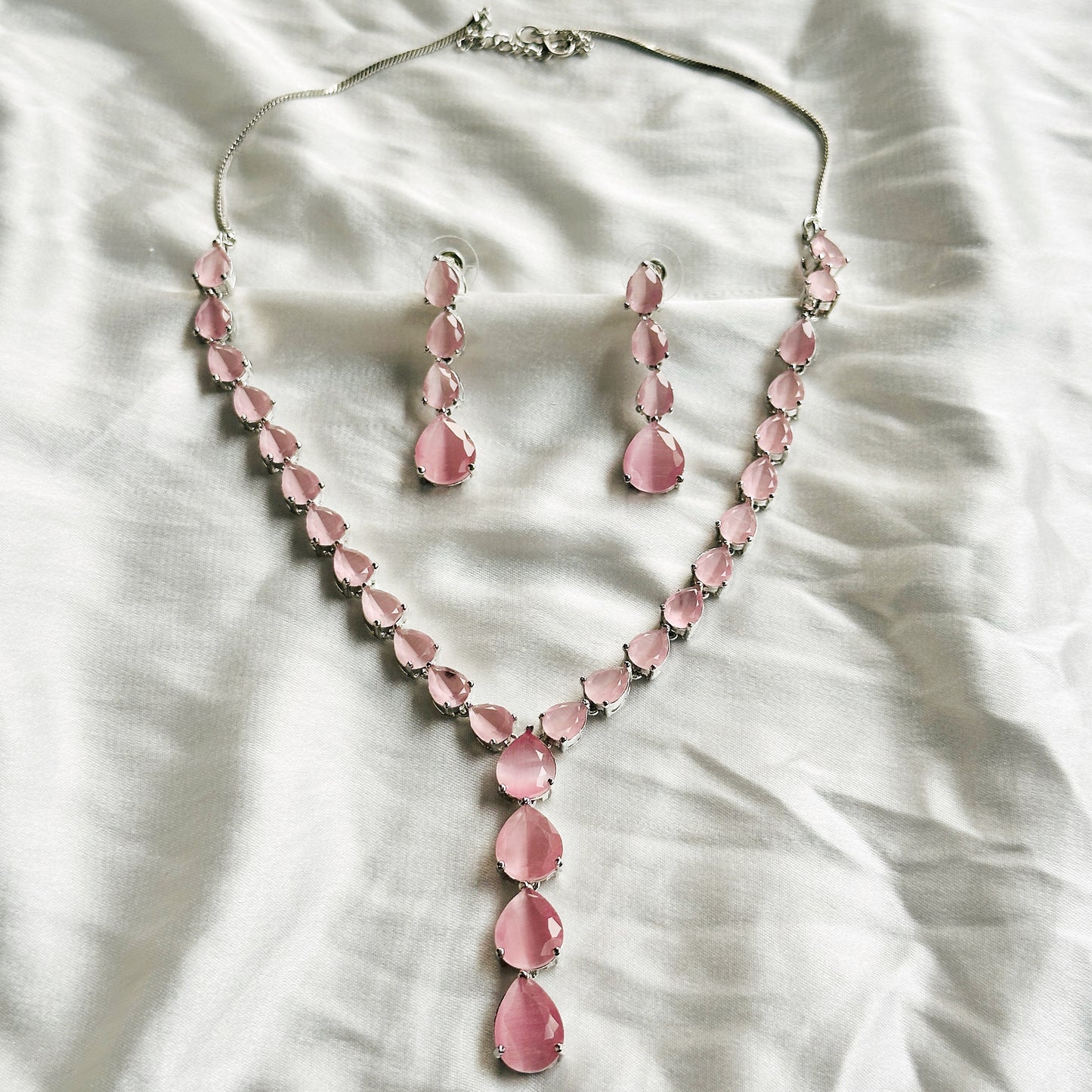 Pink Topaz Cubic Zirconia American Diamond Silver Plated Necklace Set