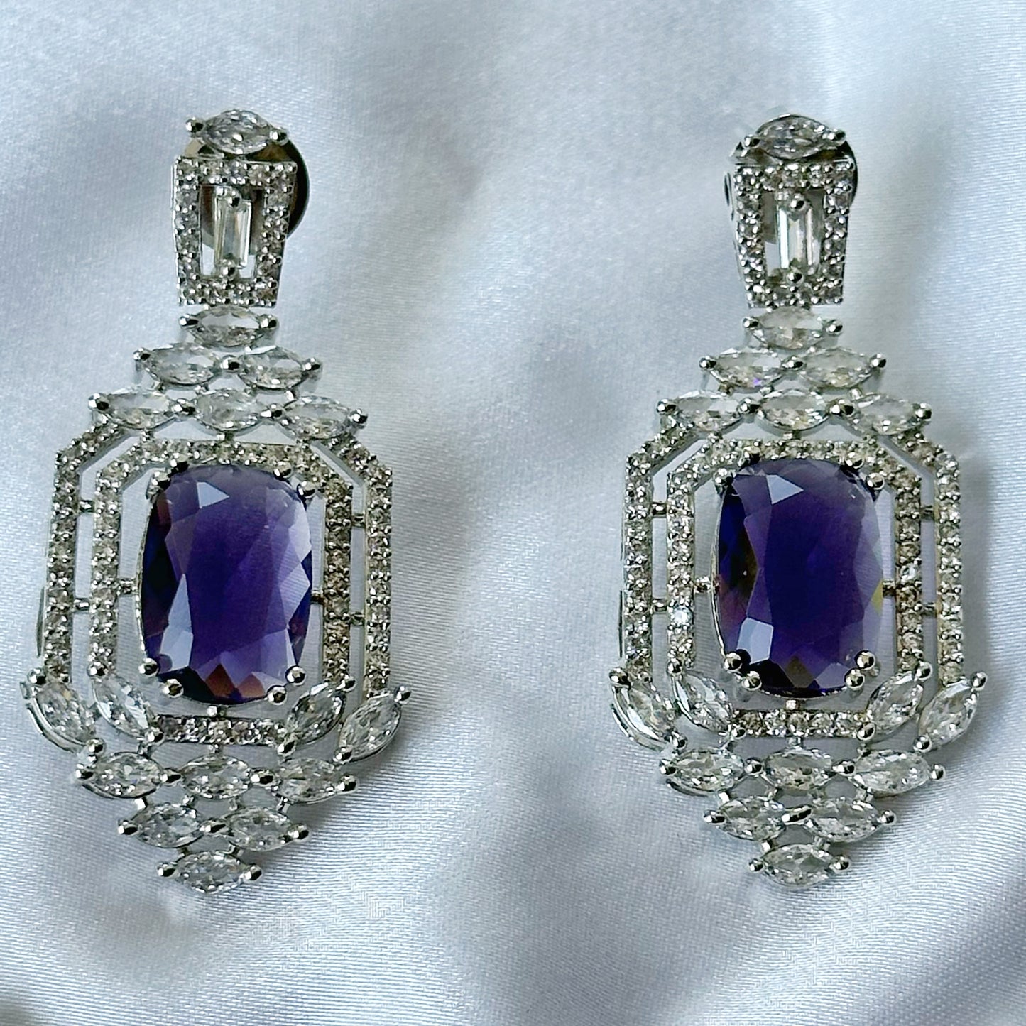 Deep Purple Amethyst Cubic Zircon Stone American Diamond Silver Plated Necklace Set