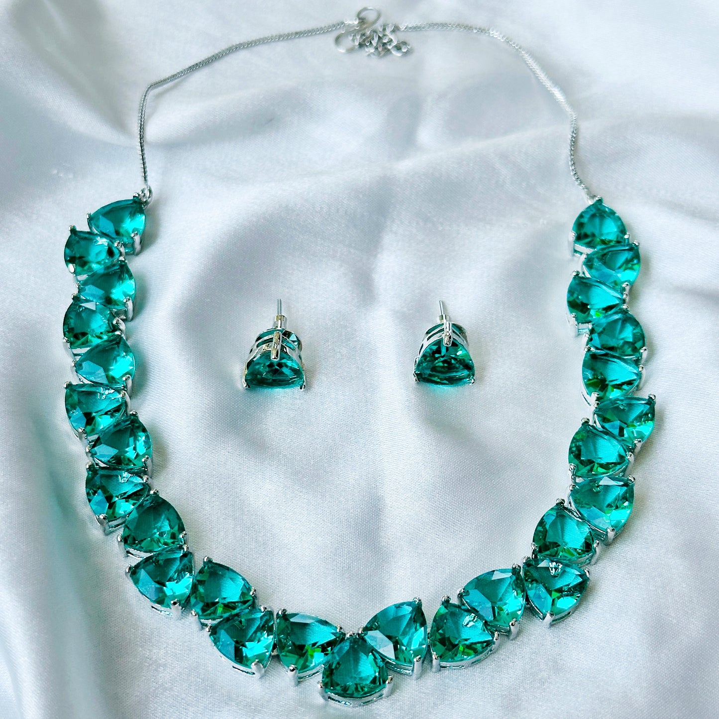 Sea Green Topaz Cubic Zirconia American Diamond Silver Plated Necklace Set