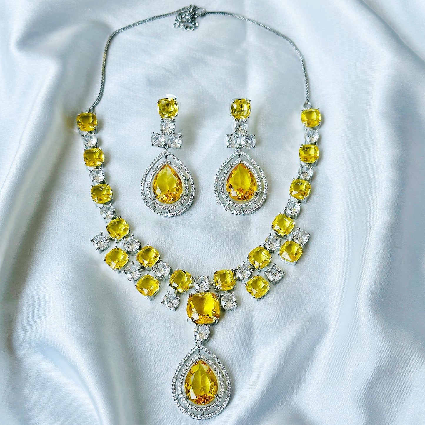 Yellow Topaz Cubic Zircon Stone American Diamond Silver Plated Necklace Set