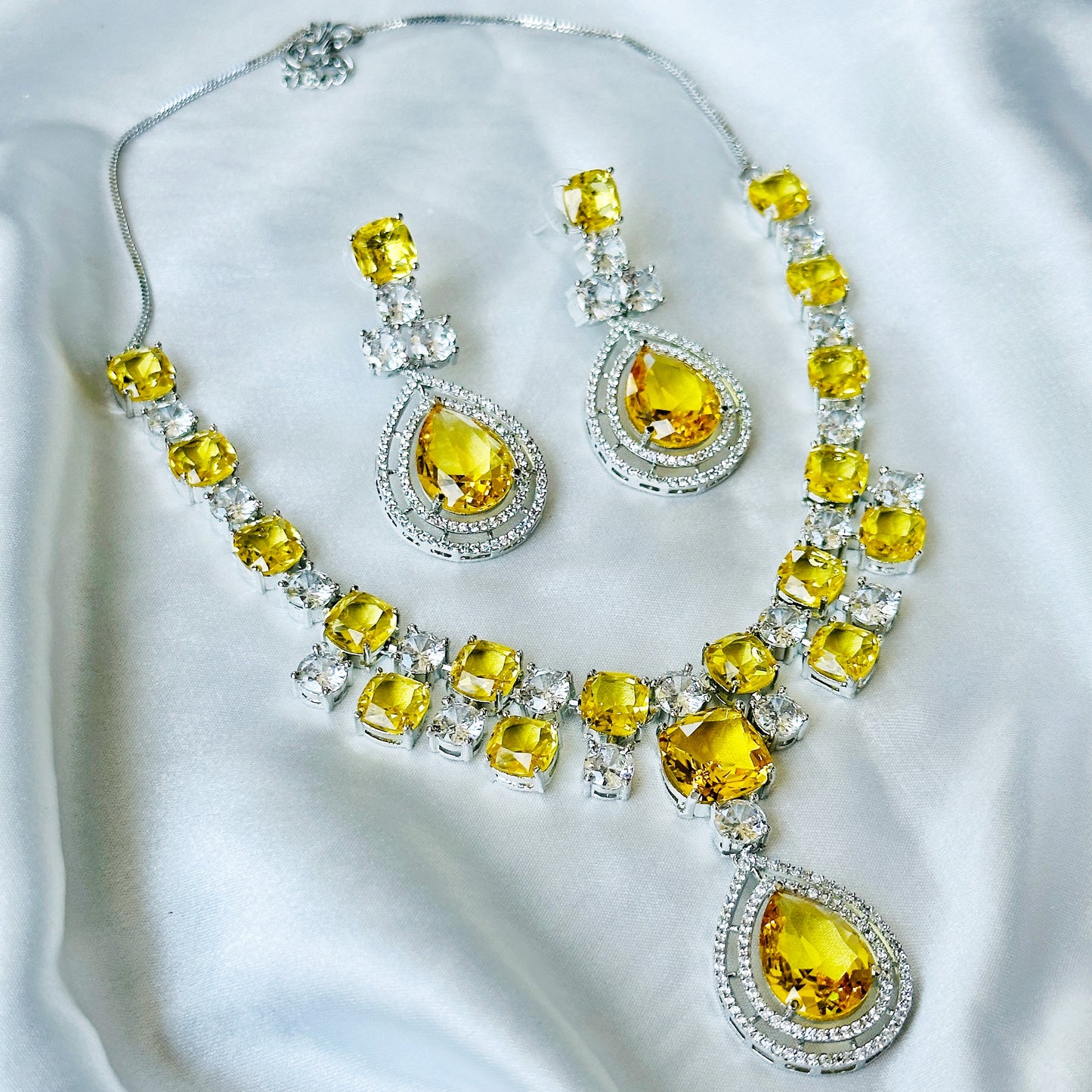 Yellow Topaz Cubic Zircon Stone American Diamond Silver Plated Necklace Set