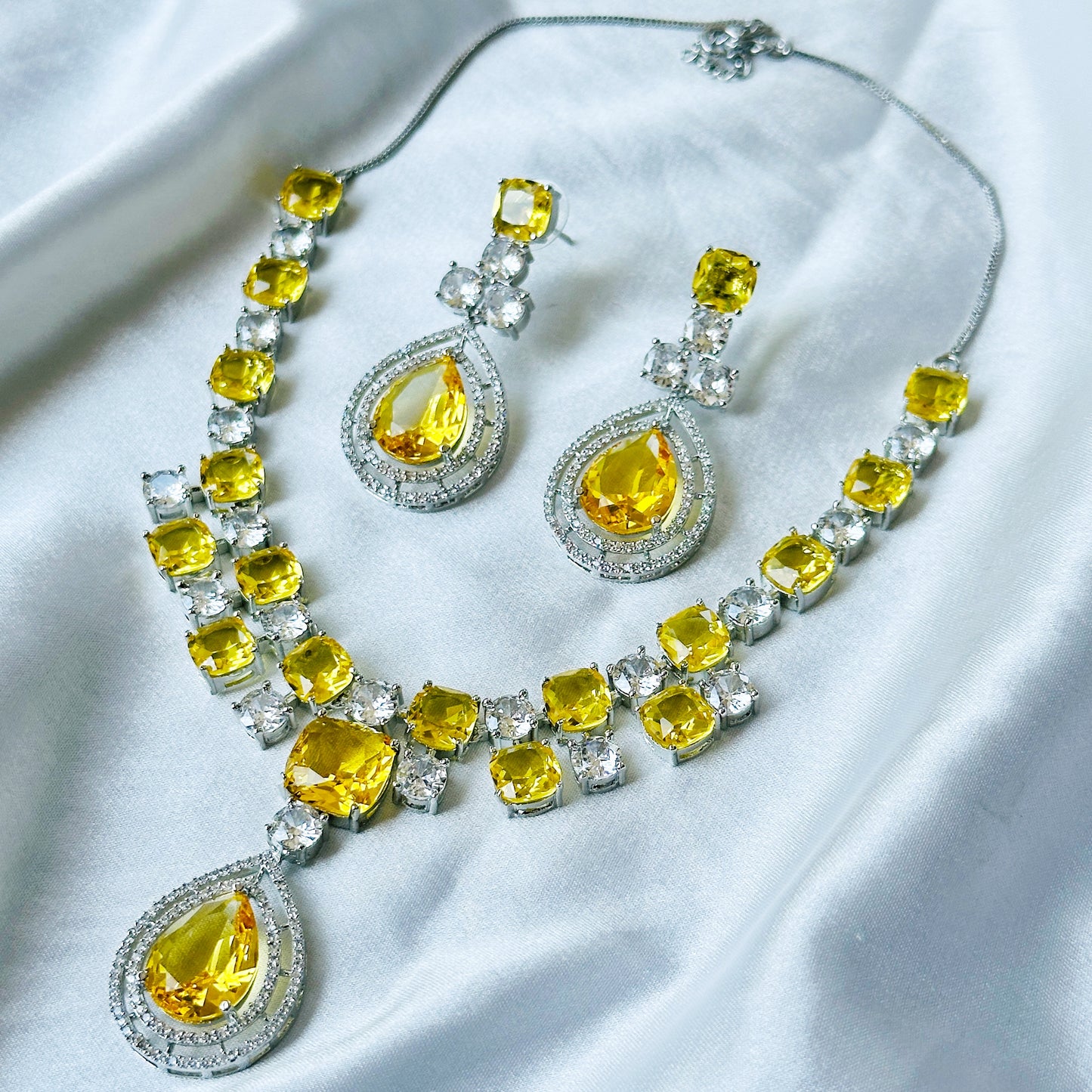 Yellow Topaz Cubic Zircon Stone American Diamond Silver Plated Necklace Set