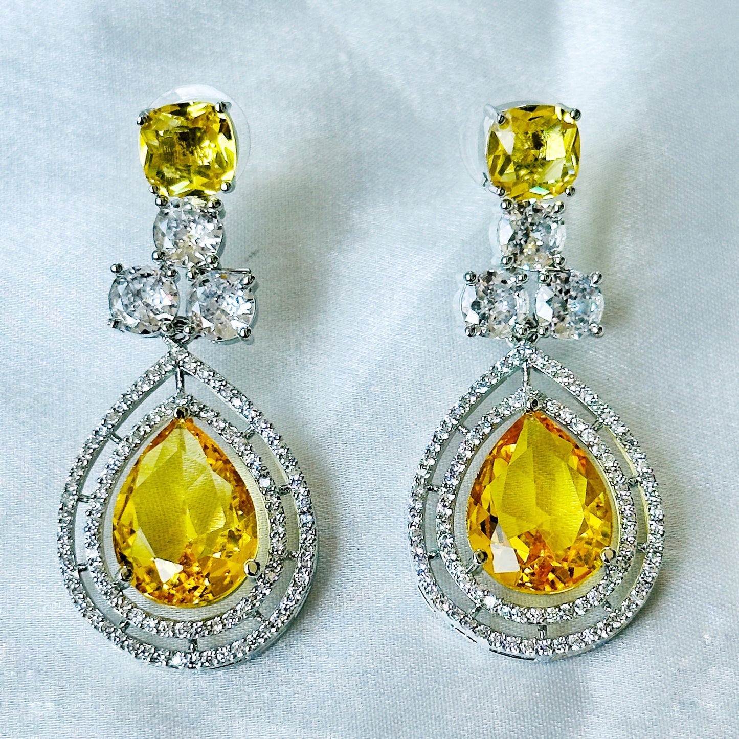 Yellow Topaz Cubic Zircon Stone American Diamond Silver Plated Necklace Set