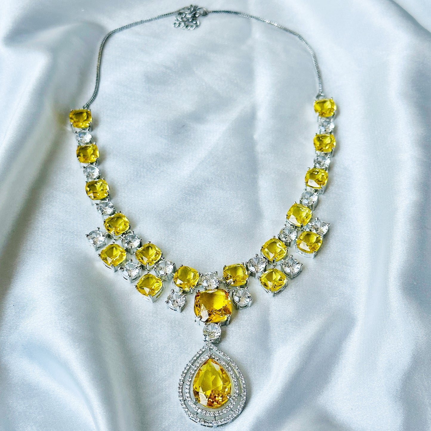 Yellow Topaz Cubic Zircon Stone American Diamond Silver Plated Necklace Set