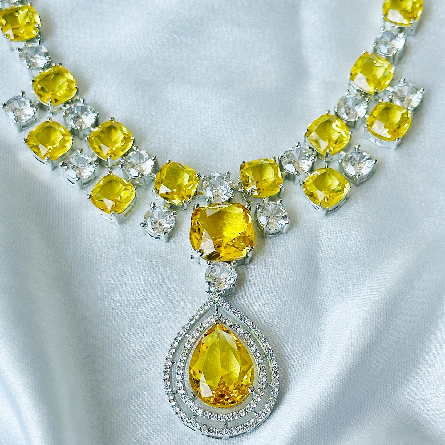 Yellow Topaz Cubic Zircon Stone American Diamond Silver Plated Necklace Set