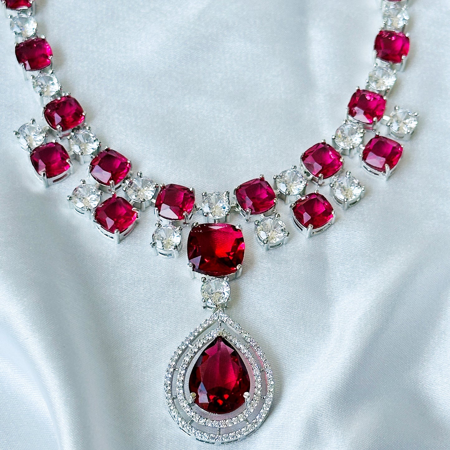 Red Ruby Cubic Zirconia American Diamond Silver Plated Necklace Set