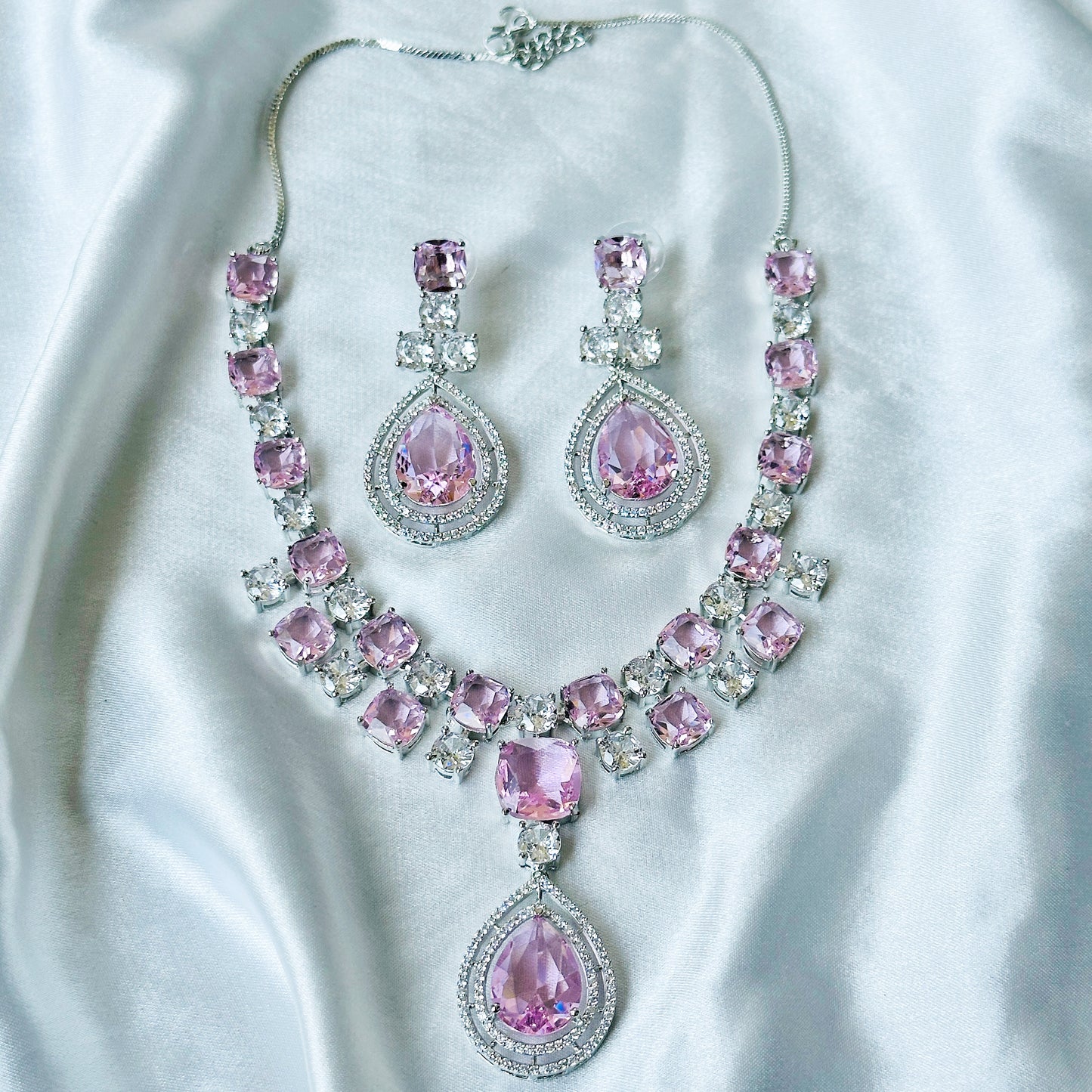 Pink Topaz Cubic Zircon Stone American Diamond Silver Plated Necklace Set