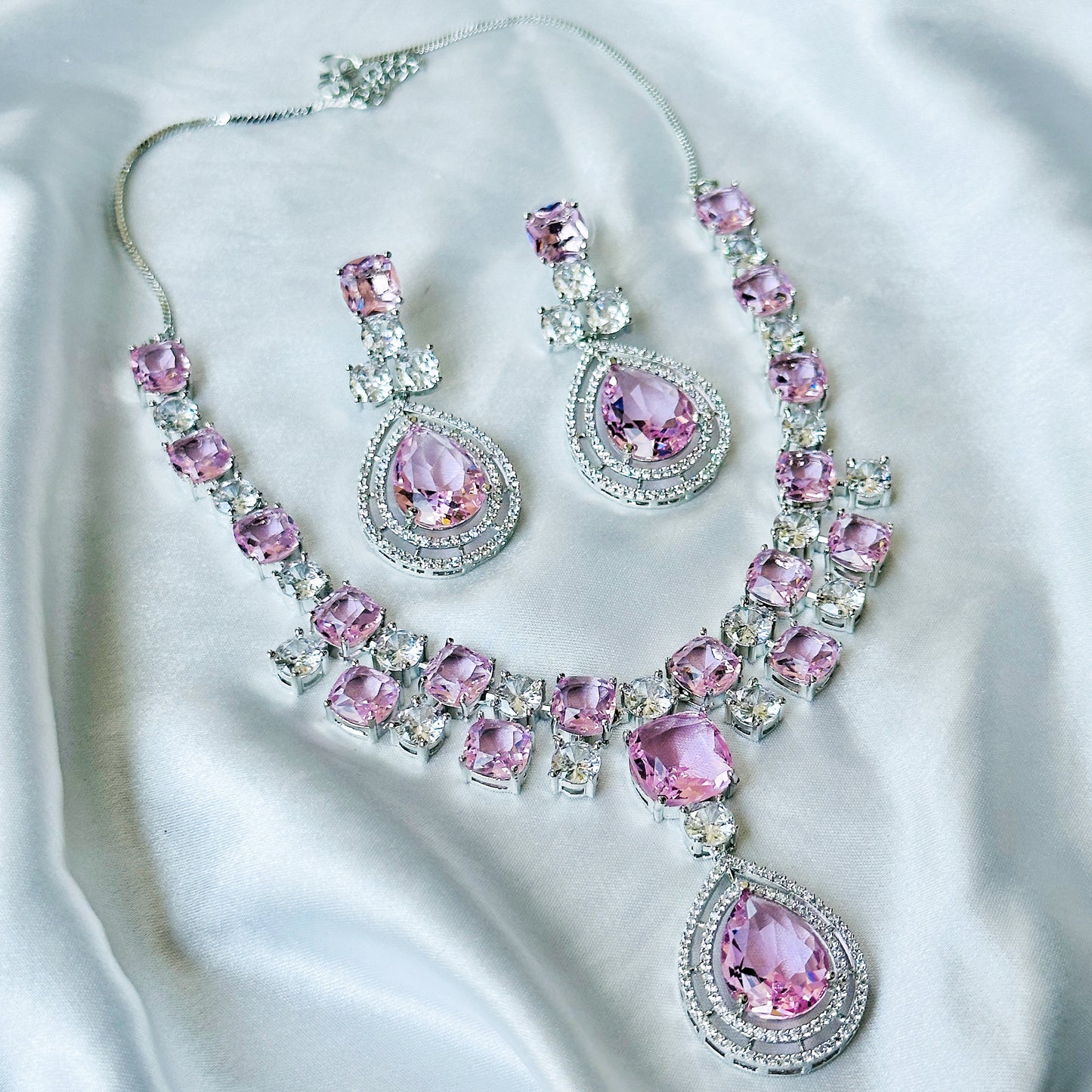 Pink Topaz Cubic Zircon Stone American Diamond Silver Plated Necklace Set