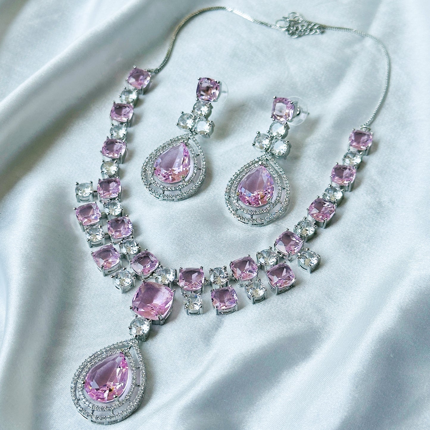 Pink Topaz Cubic Zircon Stone American Diamond Silver Plated Necklace Set