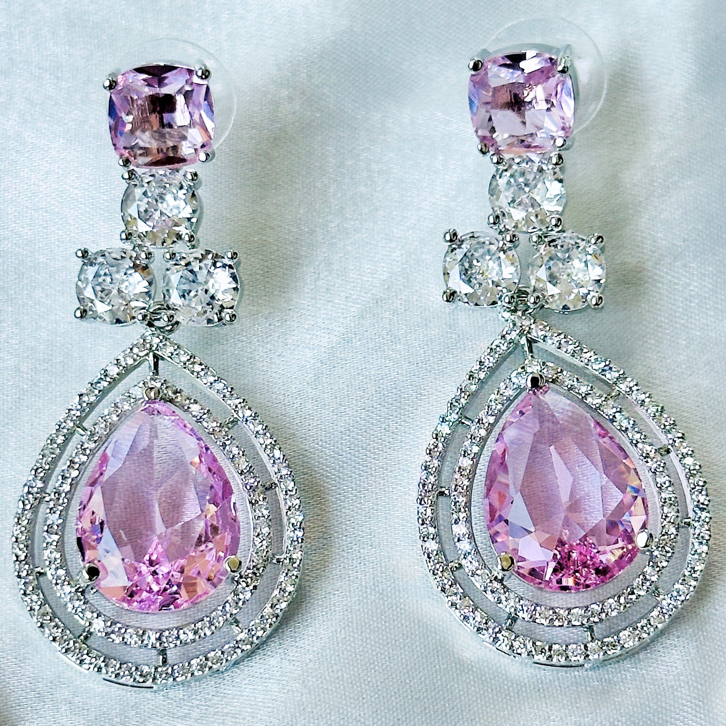 Pink Topaz Cubic Zircon Stone American Diamond Silver Plated Necklace Set