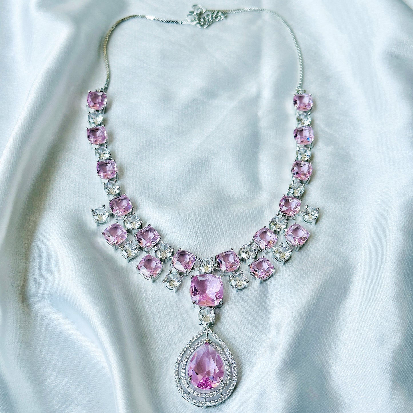 Pink Topaz Cubic Zircon Stone American Diamond Silver Plated Necklace Set