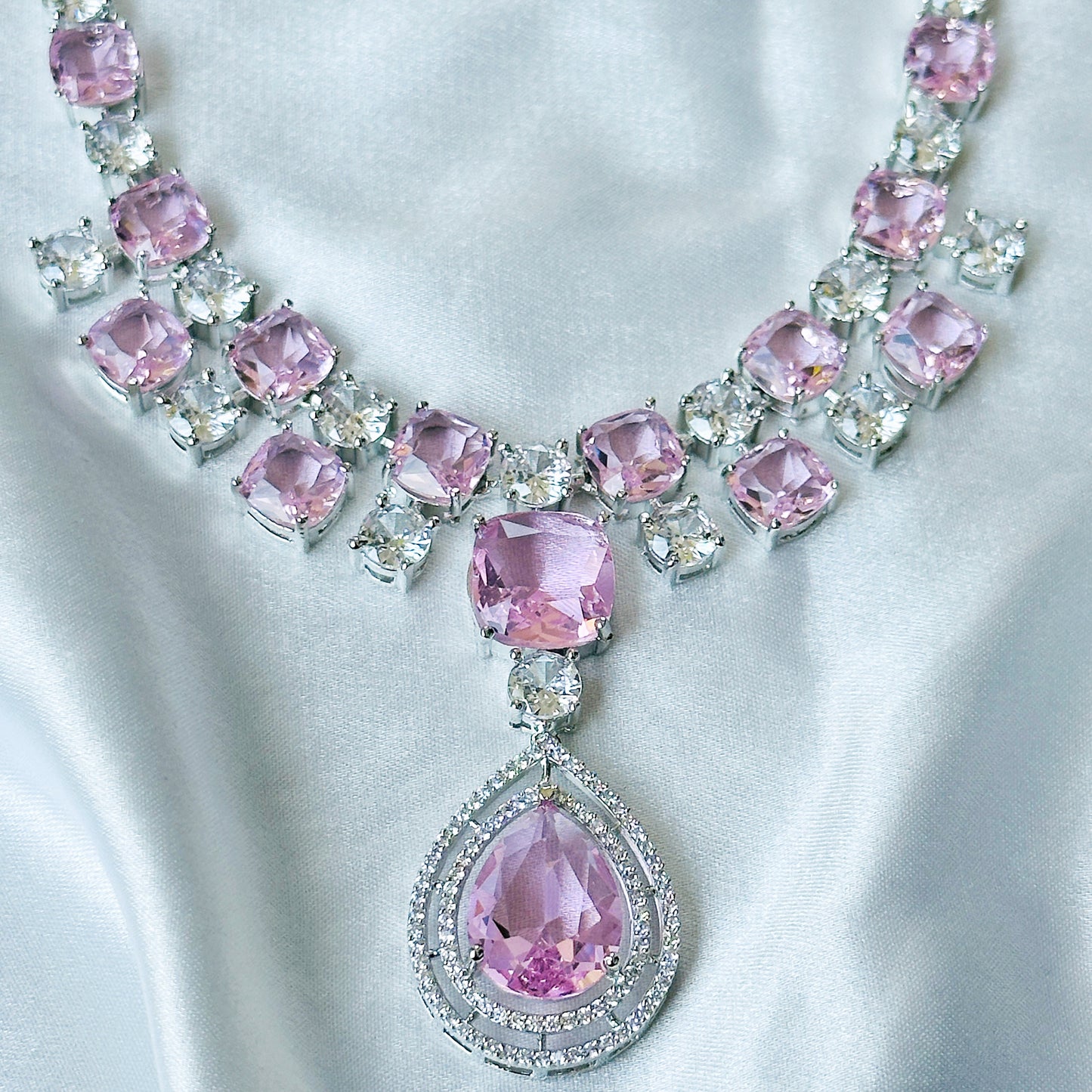 Pink Topaz Cubic Zircon Stone American Diamond Silver Plated Necklace Set