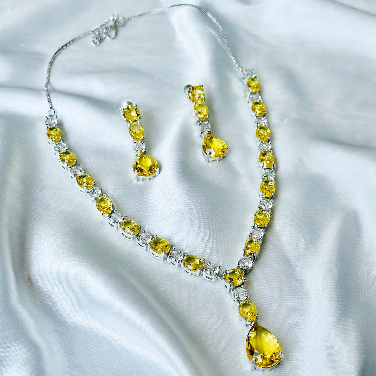 Yellow Topaz Cubic Zircon Stones American Diamond Silver Plated Necklace Set