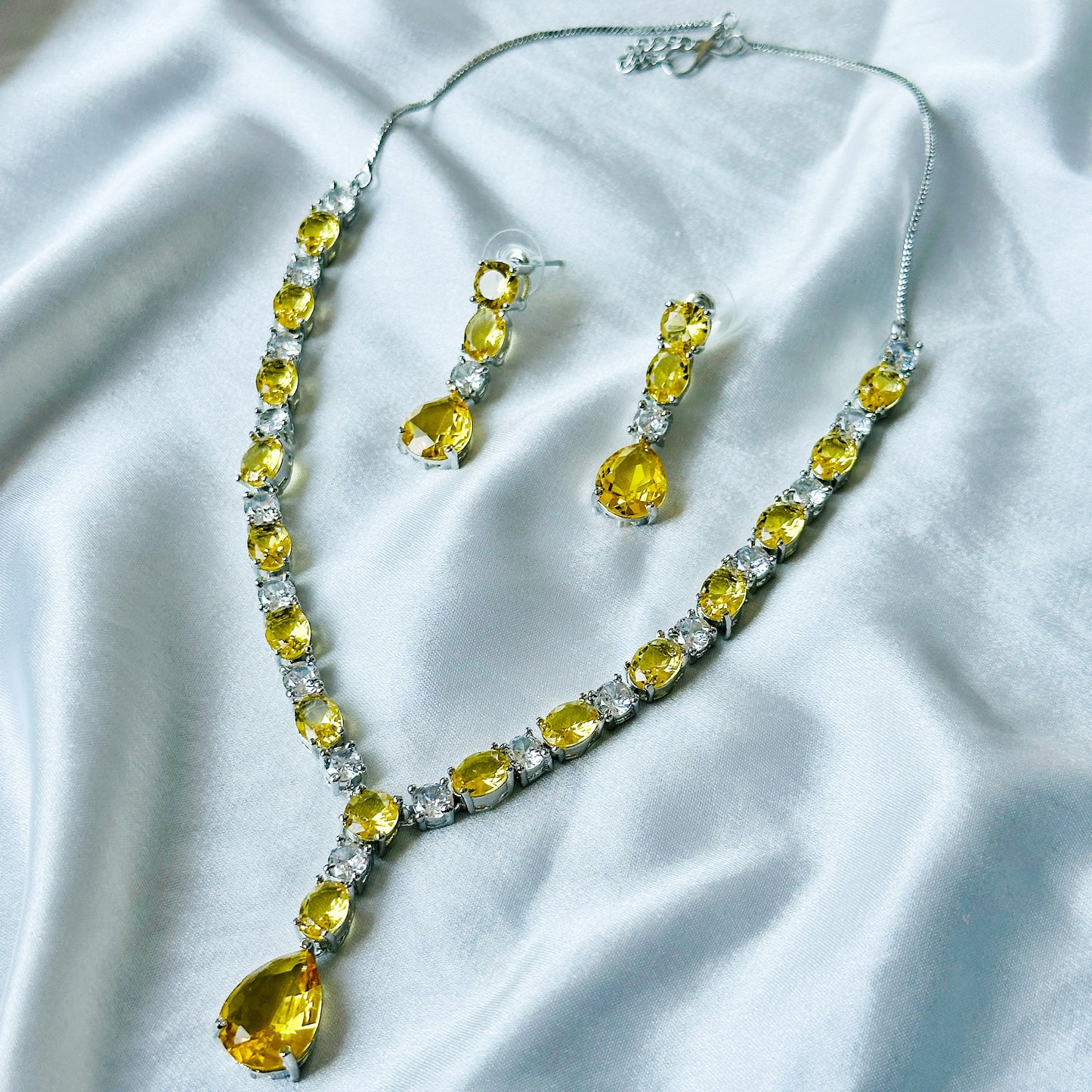Yellow Topaz Cubic Zircon Stones American Diamond Silver Plated Necklace Set