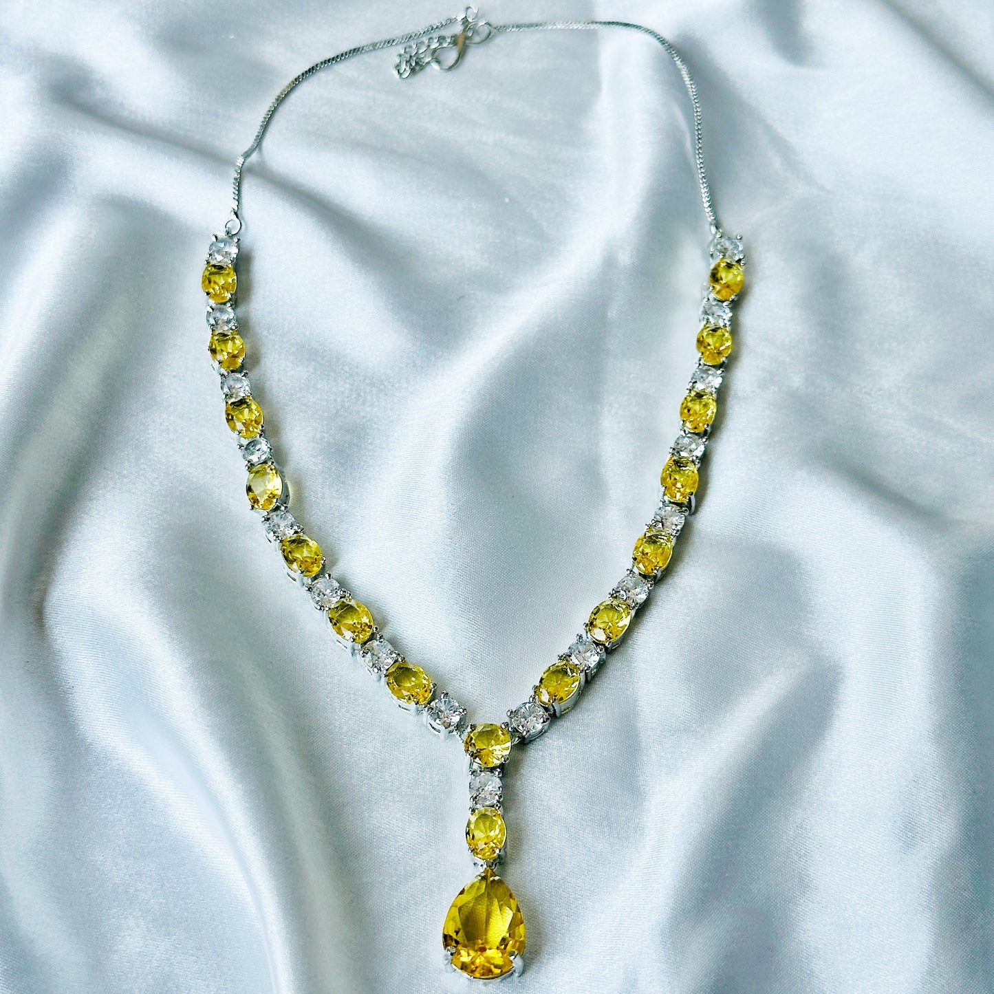 Yellow Topaz Cubic Zircon Stones American Diamond Silver Plated Necklace Set
