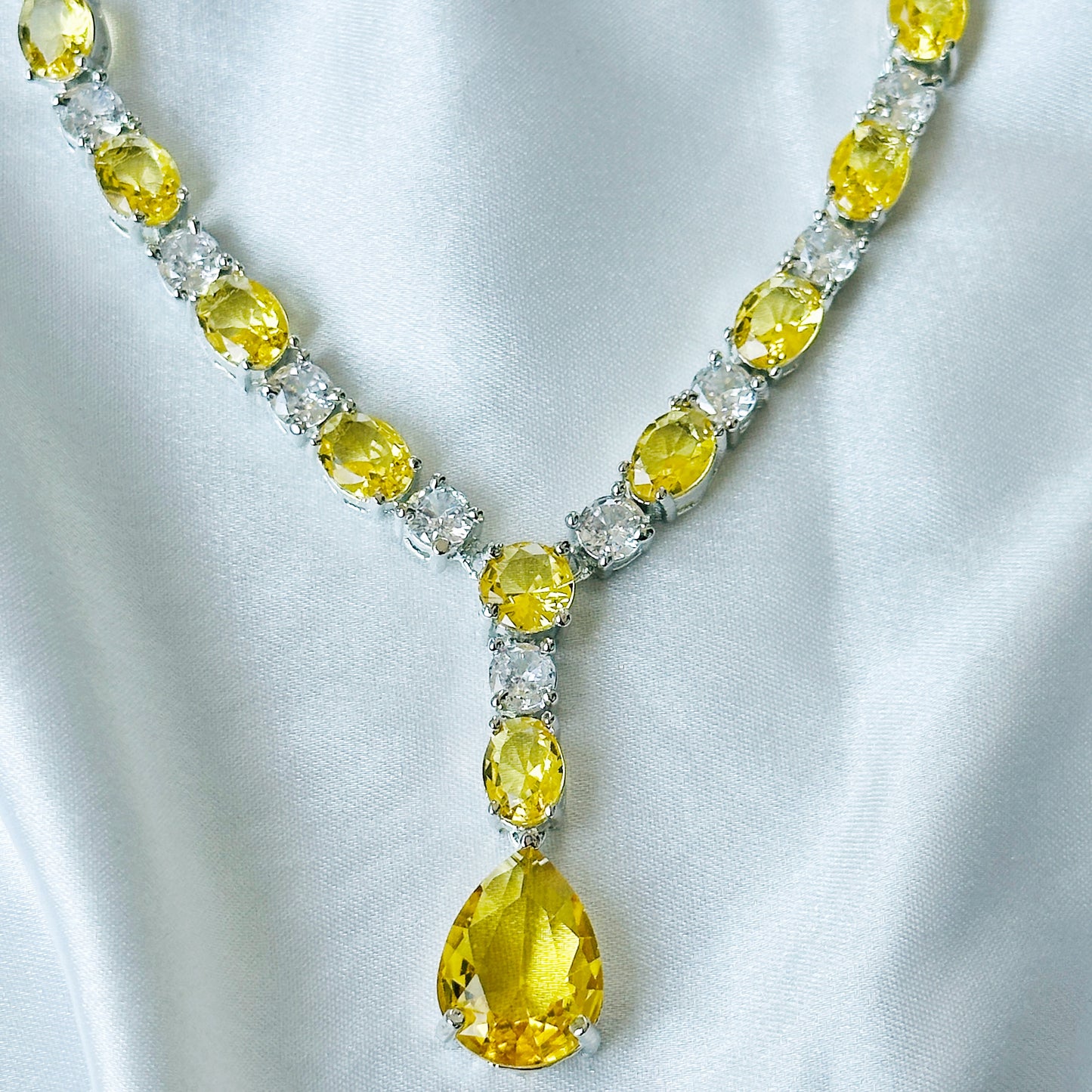 Yellow Topaz Cubic Zircon Stones American Diamond Silver Plated Necklace Set