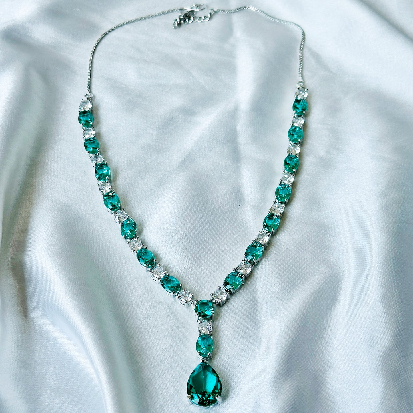 Sea Green Topaz Cubic Zircon Stones American Diamond Silver Plated Necklace Set