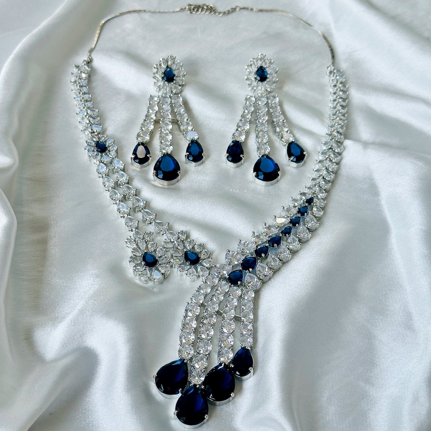 Blue Sapphire Cubic Zircon American Diamond Silver Plated Necklace Set