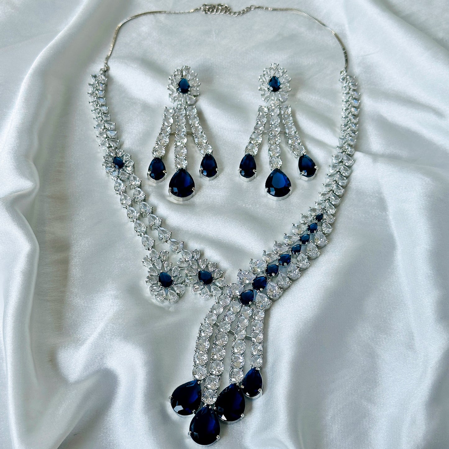 Blue Sapphire Cubic Zircon American Diamond Silver Plated Necklace Set
