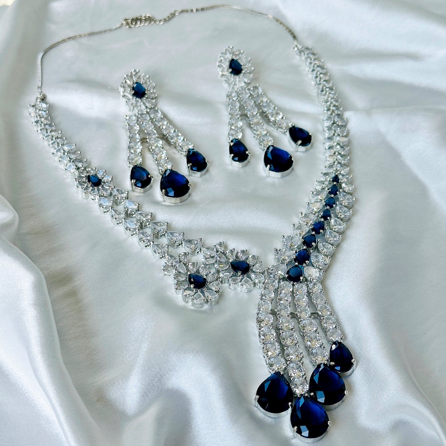Blue Sapphire Cubic Zircon American Diamond Silver Plated Necklace Set